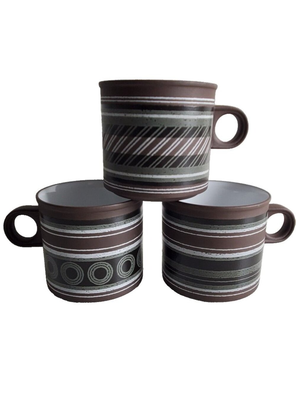 Hornsea Lancaster Vitramic Mugs 1977 Brown Geometric MCM England Lot of 3